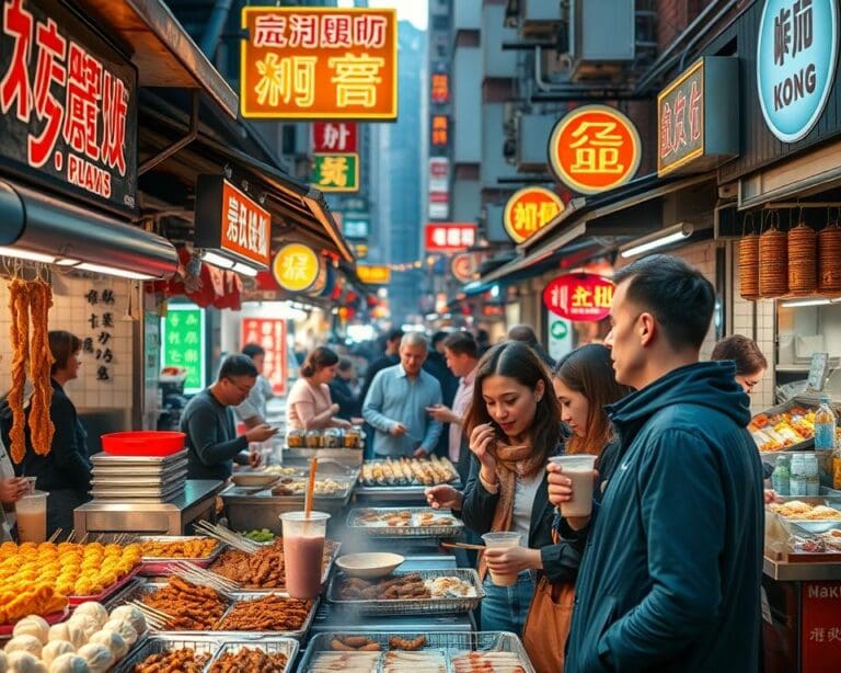 Proef de gerechten van de straatmarkten in Hong Kong