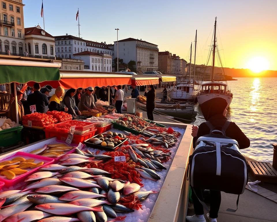 Proef de verse visgerechten in de haven van Lissabon