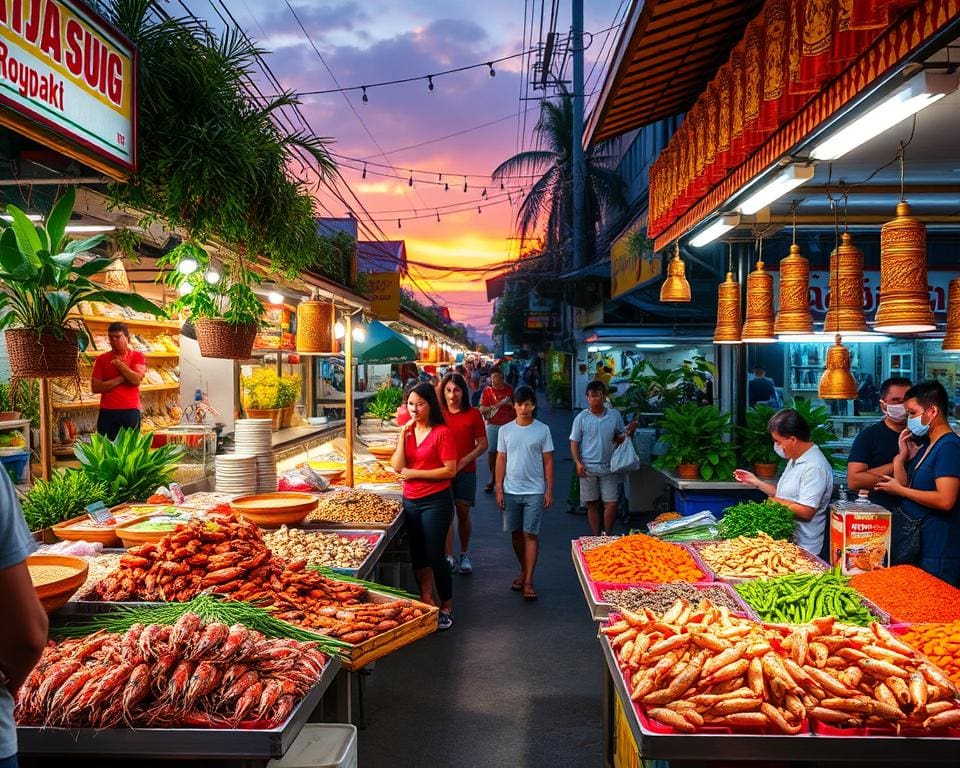 Proef de verse zeevruchten in de straten van Bangkok