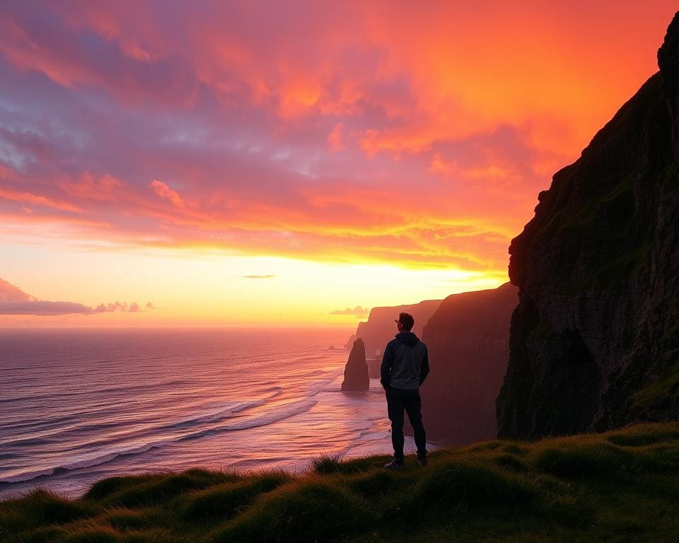 zonsondergang kijken boven de kliffen van Moher