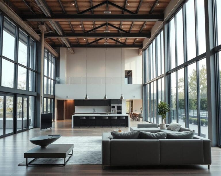 Moderne lofts met glazen wanden en hoge plafonds