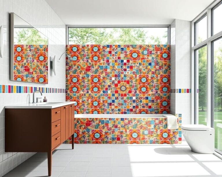 Mozaïektegels als speels accent in een badkamer
