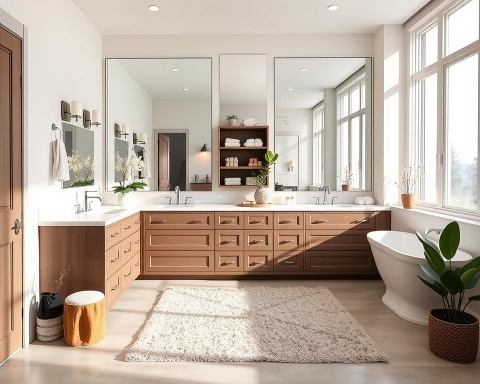functioneel ontwerp badkamer met dubbele wastafel en accessoires