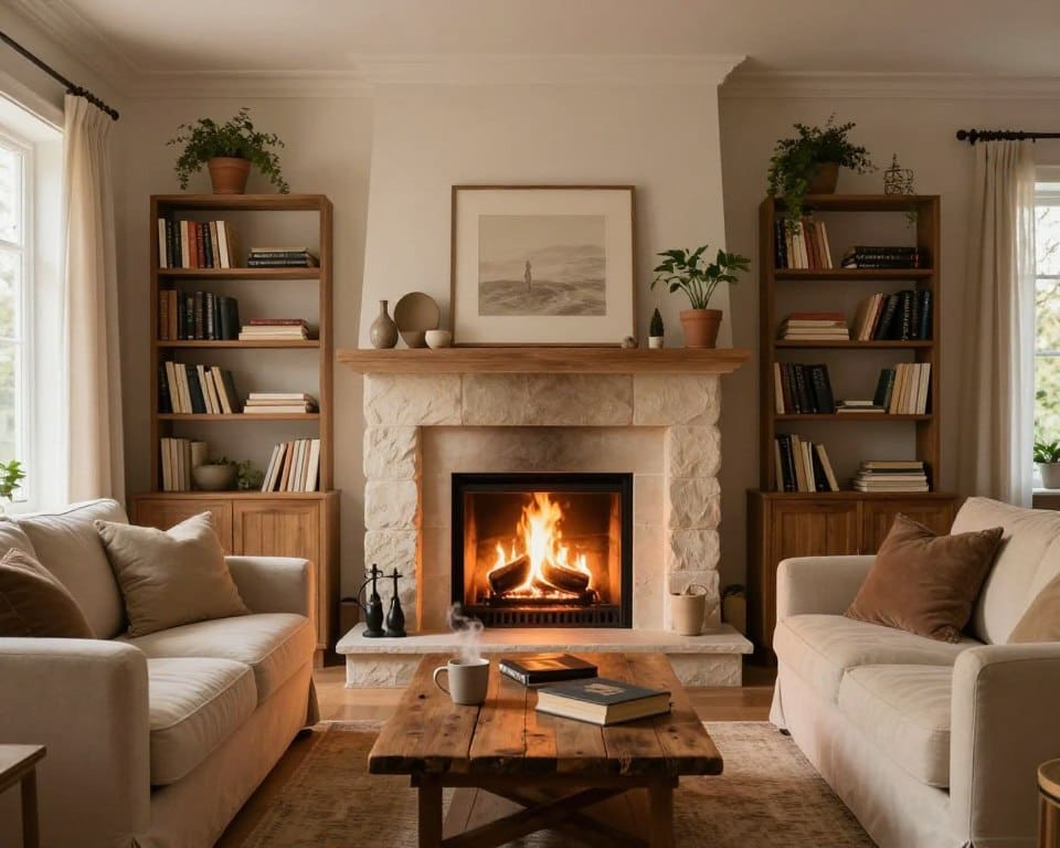 woonkamer met open haard